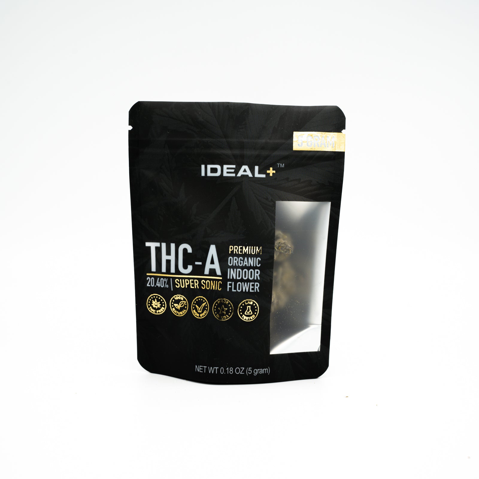 Black resealable pouch of Super Sonic 20% THCA Flower with THC-A branding