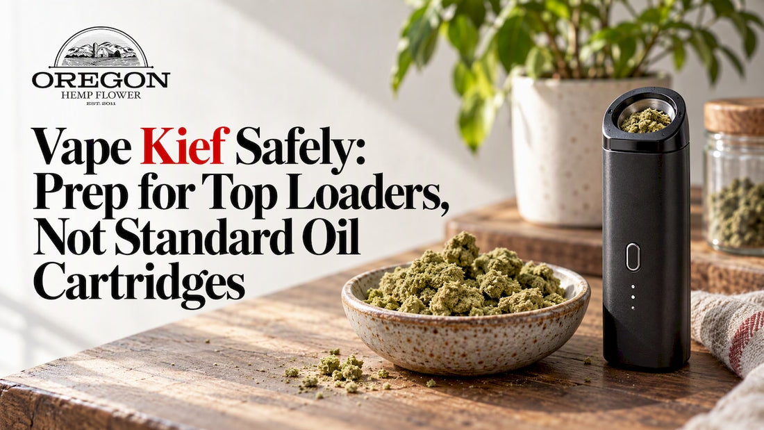 CBD kief beside a top-loading vaporizer