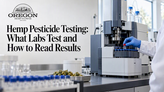 Hemp extract vial beside chromatography instrument