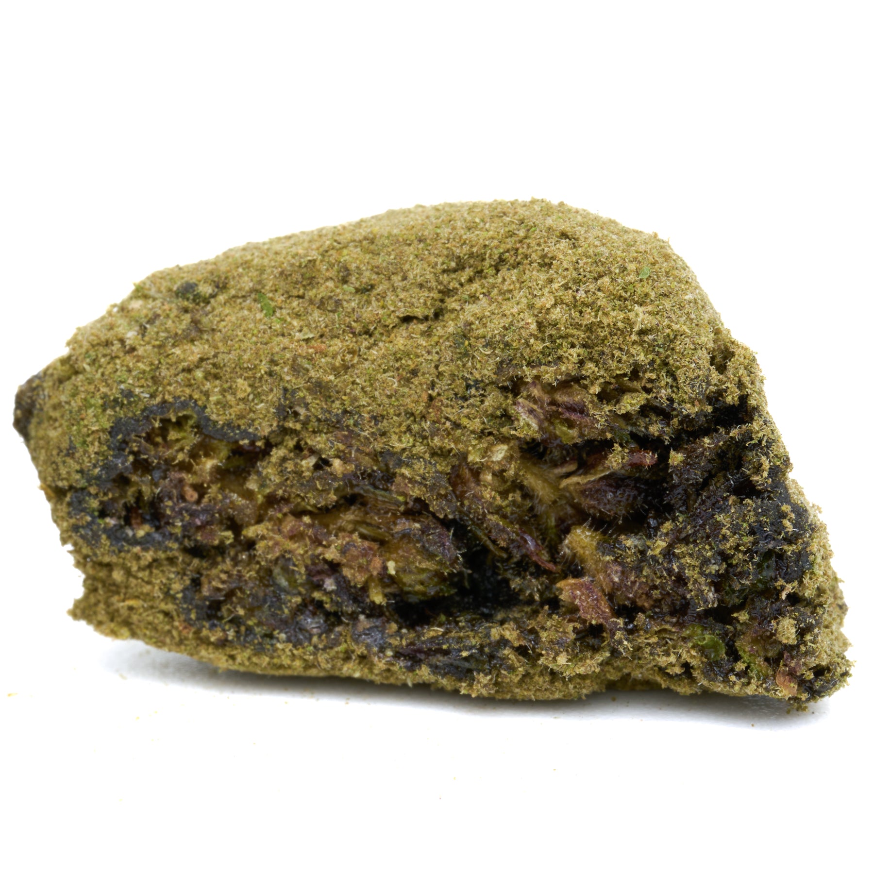 Rough Bubba Kush CBD Moon Rocks with dark mineral and greenish-yellow coating