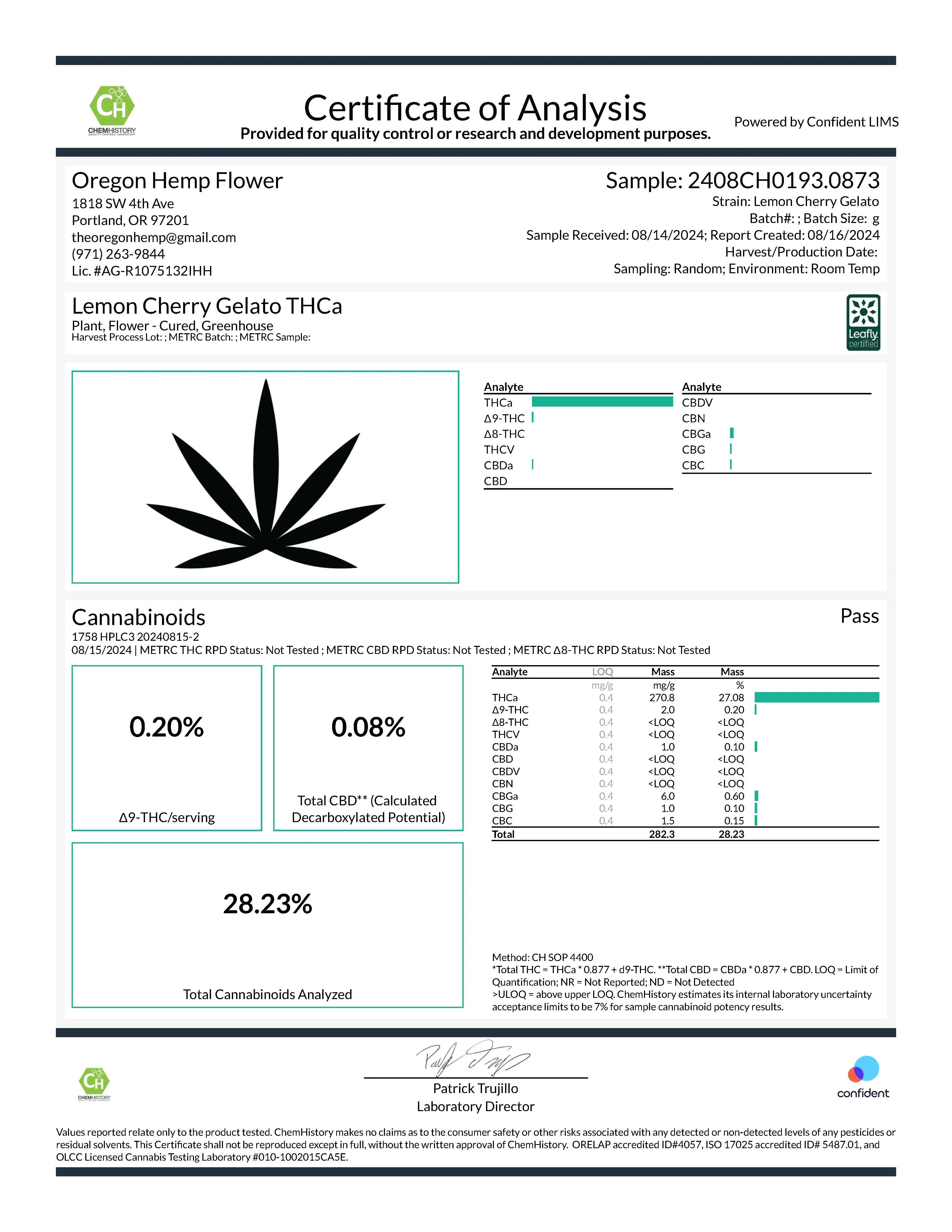 Certificate of analysis for Black Lemon Cherry Gelato Indoor THCa Flower Smalls