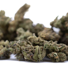 Mendo Breath THCa flower smalls with green and brown buds, dense resin glands