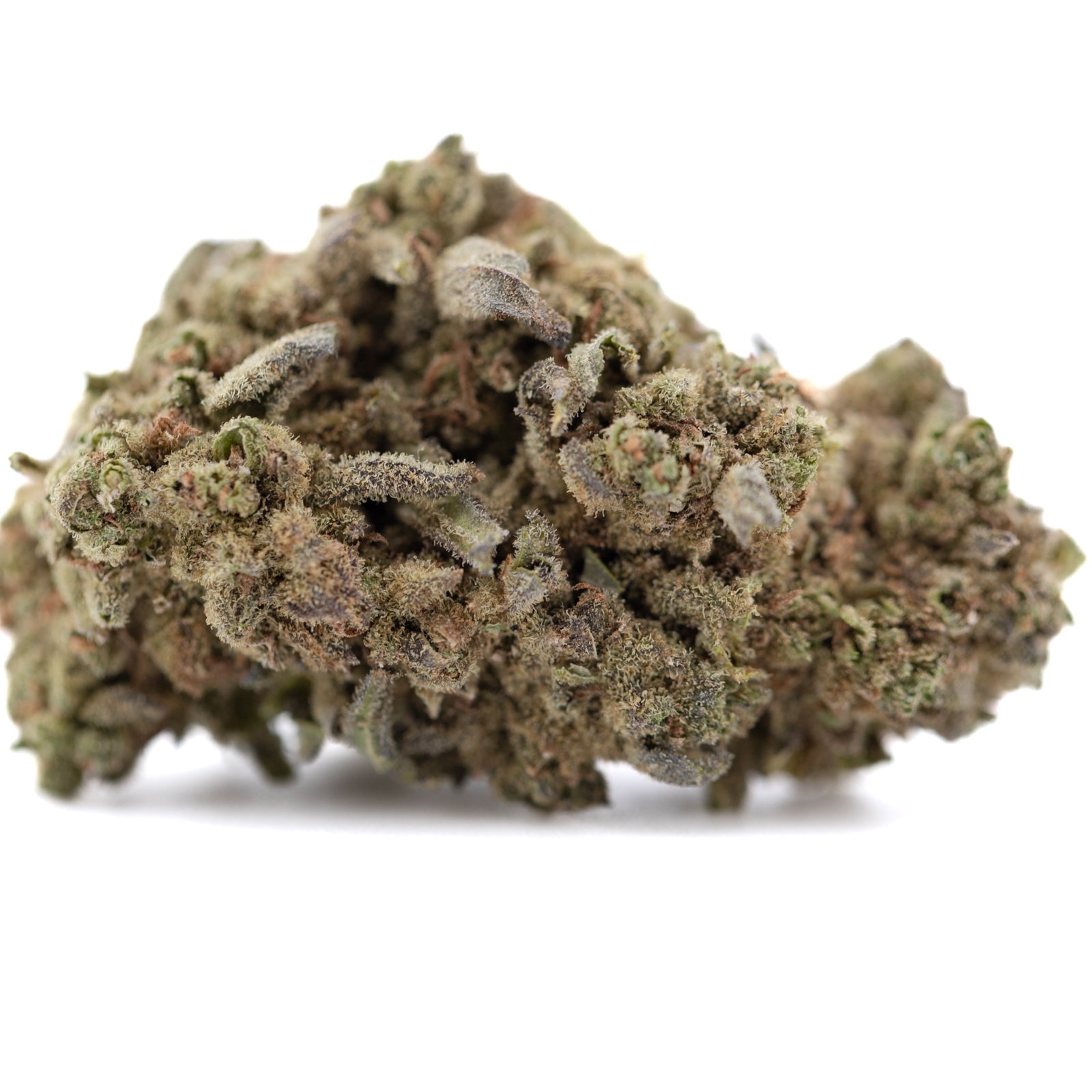 Jelly Donut THCa Flower: Dense green-brown hemp bud with resin glands