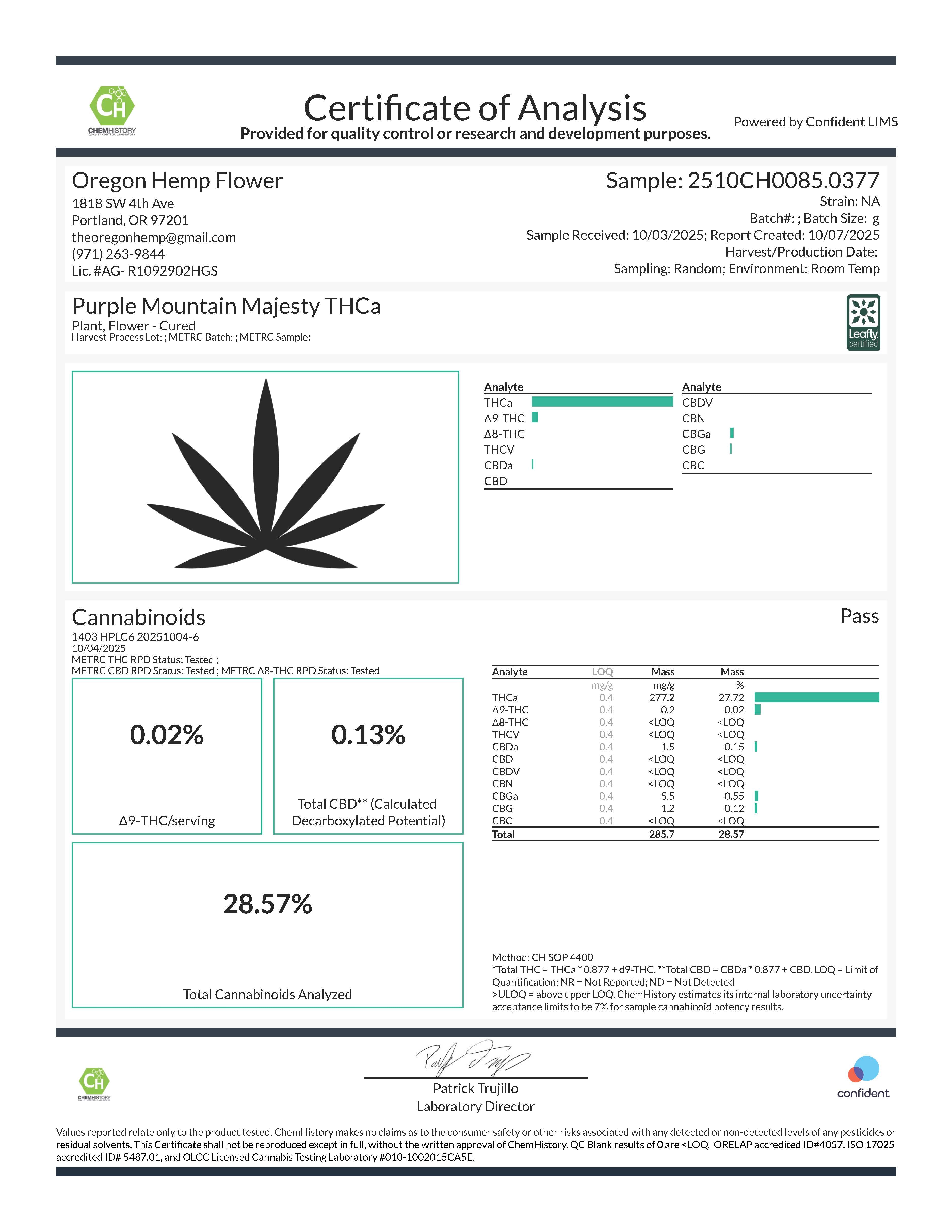 Purple Mountain Majesty THCa hemp flower with green cannabis leaf design